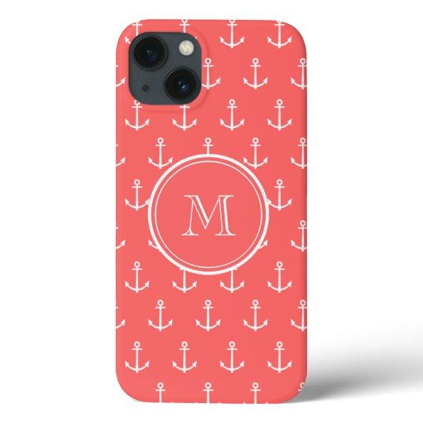 Coral White Anchors Pattern, Your Monogram iPhone 13 Case