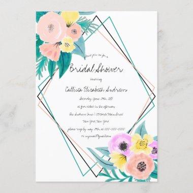 Coral Yellow Floral Watercolor Frame Bridal Shower Invitations