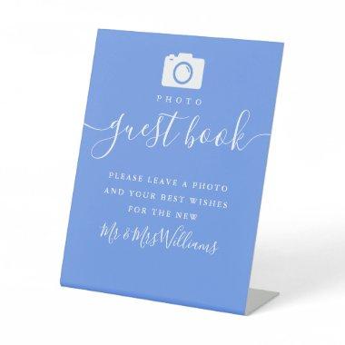 Cornflower Blue Modern Script Photo Guest Book Pedestal Sign