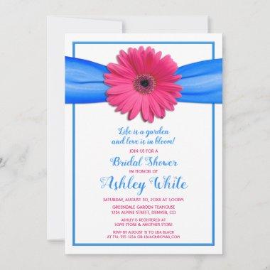 Cornflower Blue Pink Daisy Floral Bridal Shower Invitations