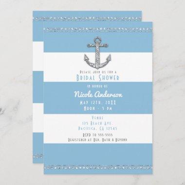 Cornflower Blue & White Stripes Diamond Anchor Invitations