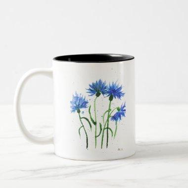 Cornflowers blue flowers watercolor rustic modern Two-Tone coffee mug