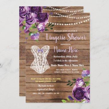 Corset Lingerie Shower Wood Flowers Invite Purple