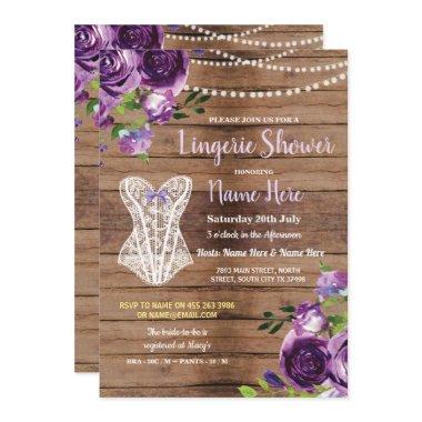 Corset Lingerie Shower Wood Flowers Invite Purple