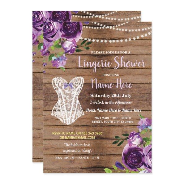 Corset Lingerie Shower Wood Flowers Invite Purple