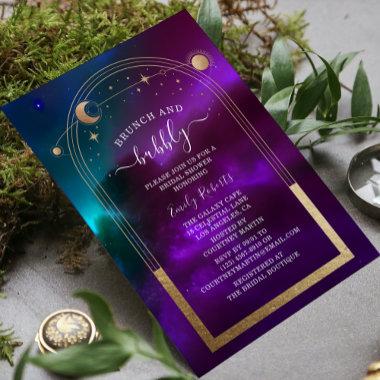 Cosmic Purple Teal Gold Celestial Bridal Shower Invitations