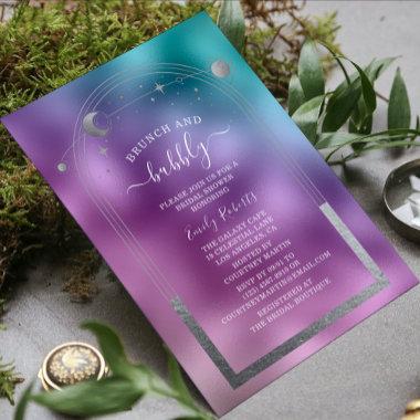 Cosmic Teal Purple Silver Celestial Bridal Shower Invitations