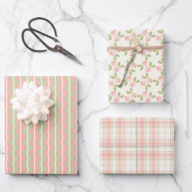 Cottage Roses, Tartan and Stripes Set in deep pink Wrapping Paper Sheets