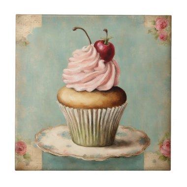 Cottagecore Vintage French Country Pink Cupcake Ceramic Tile