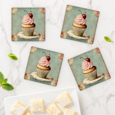 Cottagecore Vintage French Country Pink Cupcake Coaster Set