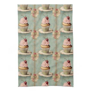 Cottagecore Vintage French Country Pink Cupcake Kitchen Towel