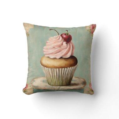 Cottagecore Vintage French Country Pink Cupcake Throw Pillow