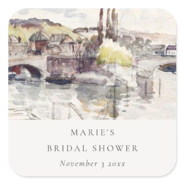 Country Bridge Riverside Watercolor Bridal Shower Square Sticker