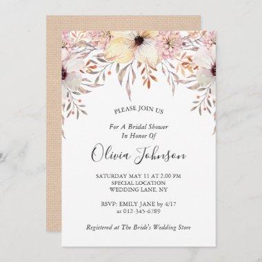 Country Burlap Watercolor Floral Bridal Shower Invitations