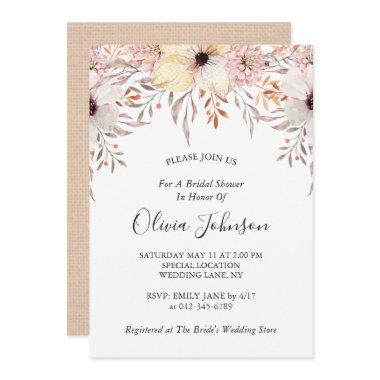 Country Burlap Watercolor Floral Bridal Shower Invitations