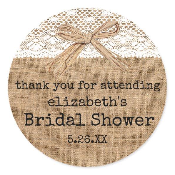 Country Burlap with Lace Bridal Shower Guest Favor Classic Round Sticker