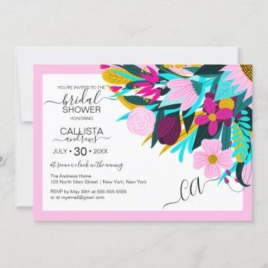 Country Golden Pink Floral Leaves Bridal Shower Invitations