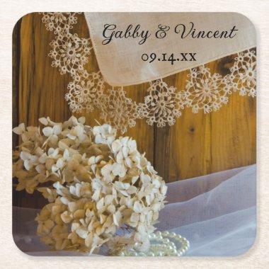 Country Lace and Flowers Barn Wedding Square Paper Coaster