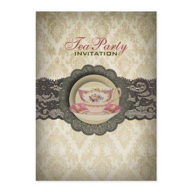 Country lace floral teacups Bridal Tea Party Invitations