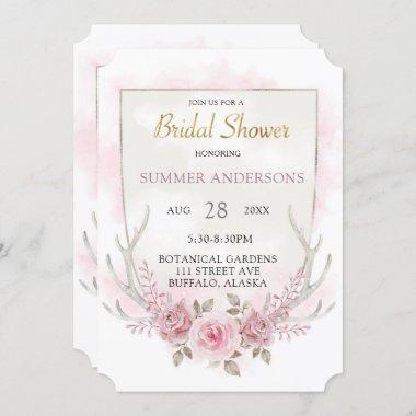 Country Pink Peony Deer Antlers Bridal Shower Invitations