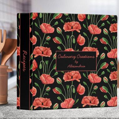 Country Red Poppies on Black Monogram Recipe 3 Ring Binder