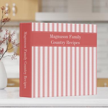 Country Rustic Red Pillow Ticking Family Recipe 3 Ring Binder
