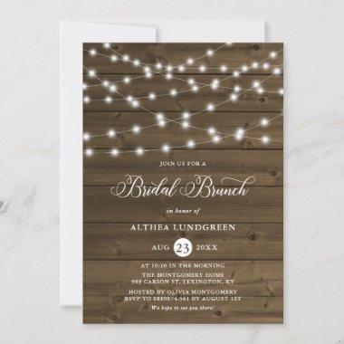 Country Rustic String Lights Wood Bridal Brunch Invitations