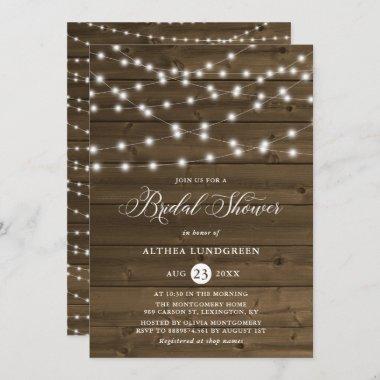 Country Rustic String Lights Wood Bridal Shower Invitations