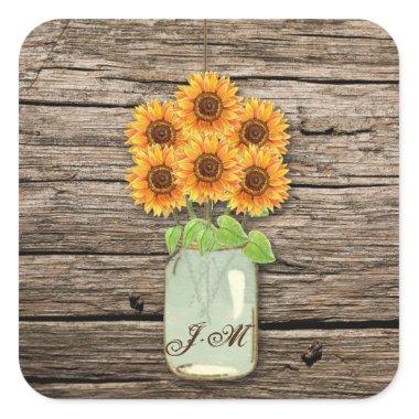 Country Rustic Sunflower Mason Jar Bridal Shower Square Sticker