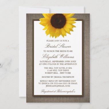 Country Rustic Sunflower On Burlap Bridal Shower Invitations