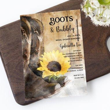 Country Sunflower Boots and Bubbly Bridal Shower Invitations