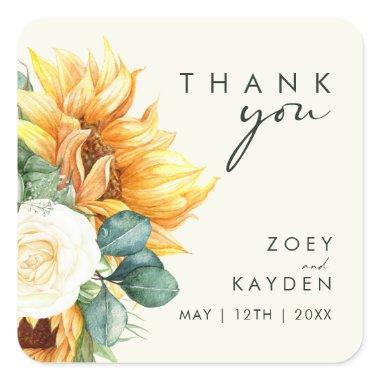 Country Sunflower Light Yellow Thank You Wedding Square Sticker
