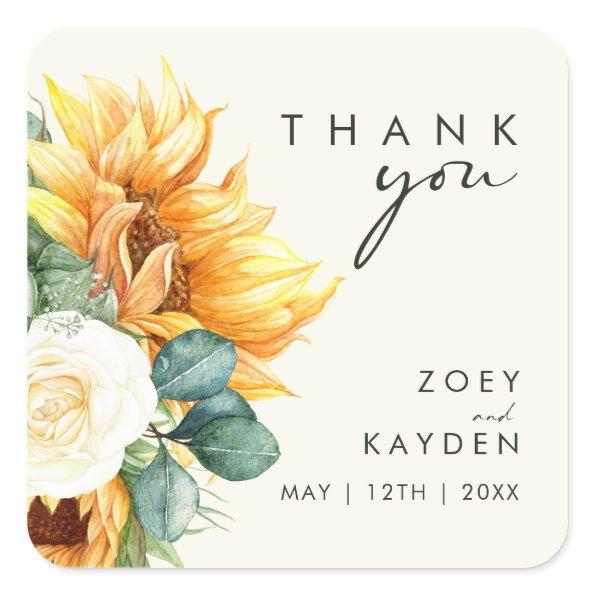 Country Sunflower Light Yellow Thank You Wedding Square Sticker