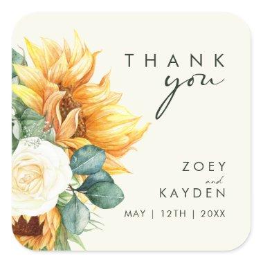 Country Sunflower Light Yellow Thank You Wedding Square Sticker
