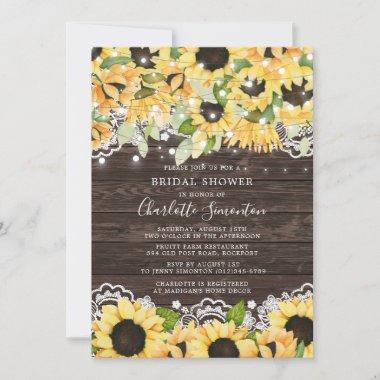 Country Sunflower String Lights Lace Bridal Shower Invitations