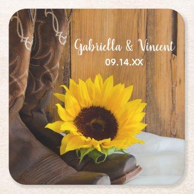 Country Sunflower Western Wedding Square Paper Coaster