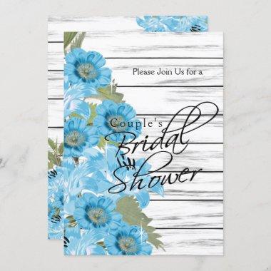 Couple Bridal Shower Blue Flowers on White Wood Invitations