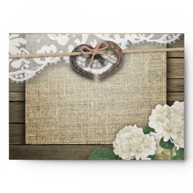 Couple Horseshoe Heart Lace Hydrangea Wood Wedding Envelope