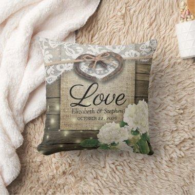 Couple Horseshoe Heart Lace Hydrangea Wood Wedding Throw Pillow