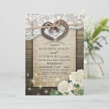 Couple Horseshoe Heart Lace Wood Hydrangea Wedding Invitations