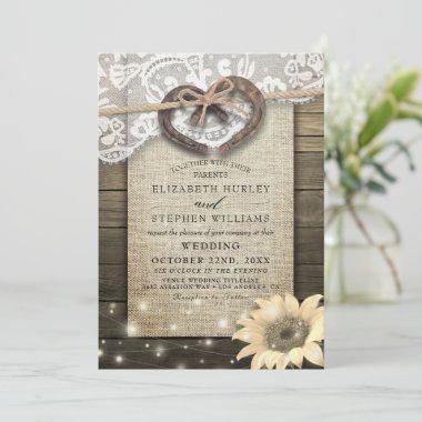 Couple Horseshoe Heart Lace Wood Sunflower Wedding Invitations