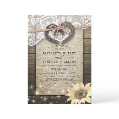 Couple Horseshoe Heart Lace Wood Sunflower Wedding Invitations