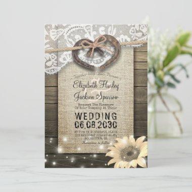 Couple Horseshoe Heart Lace Wood Sunflower Wedding Invitations