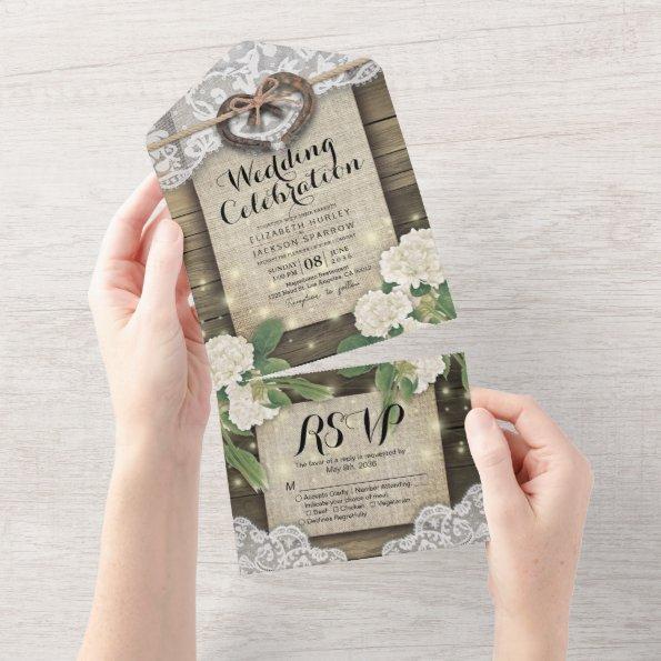 Couple Horseshoes Lace Wood Hydrangea Wedding RSVP All In One Invitations