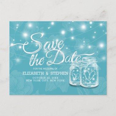 Couple Mason Jar Blue Floral Wedding Save The Date PostInvitations