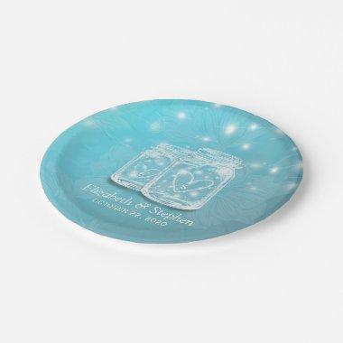 Couple Mason Jar String Lights Blue Floral Wedding Paper Plates