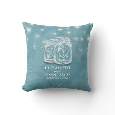 Couple Mason Jar String Lights Blue Floral Wedding Throw Pillow