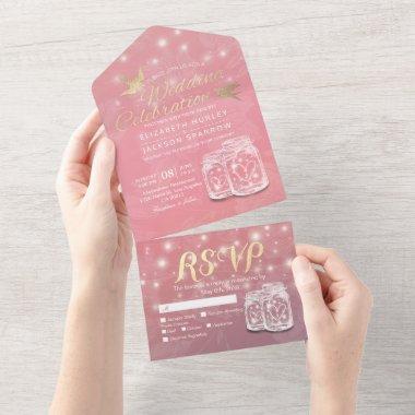 Couple Mason Jar String Lights Pink Floral Wedding All In One Invitations