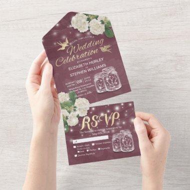 Couple Mason Jars Hydrangea Red Gold Wedding RSVP All In One