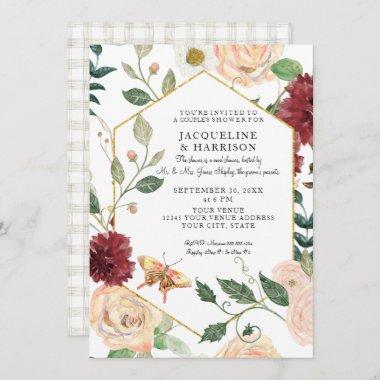 Couple Shower Watercolor Burgundy Gray Fall Floral Invitations